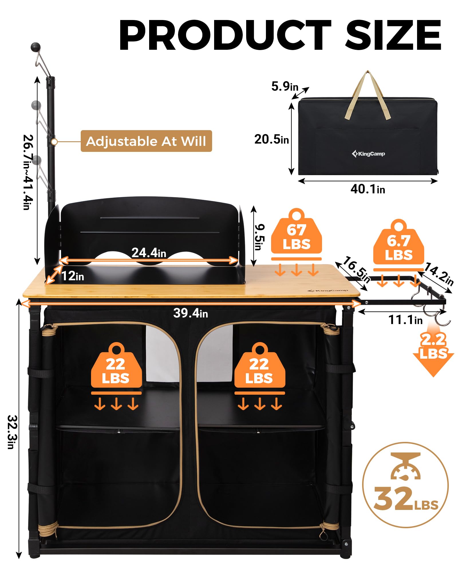KingCamp Portable Camp Kitchen Table – Bamboo Top Grill Station with W