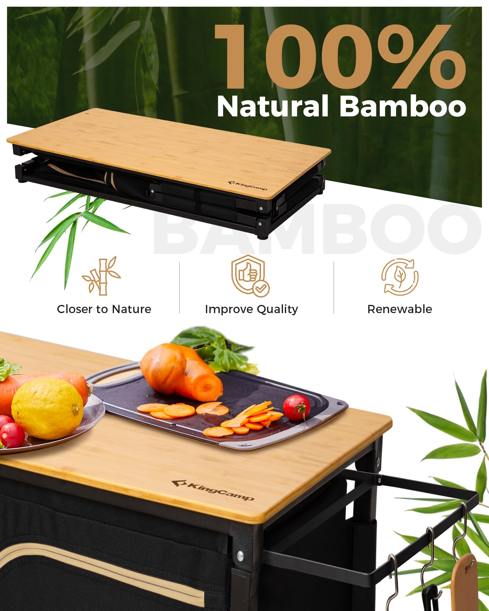 KingCamp Portable Camp Kitchen Table – Bamboo Top Grill Station with W