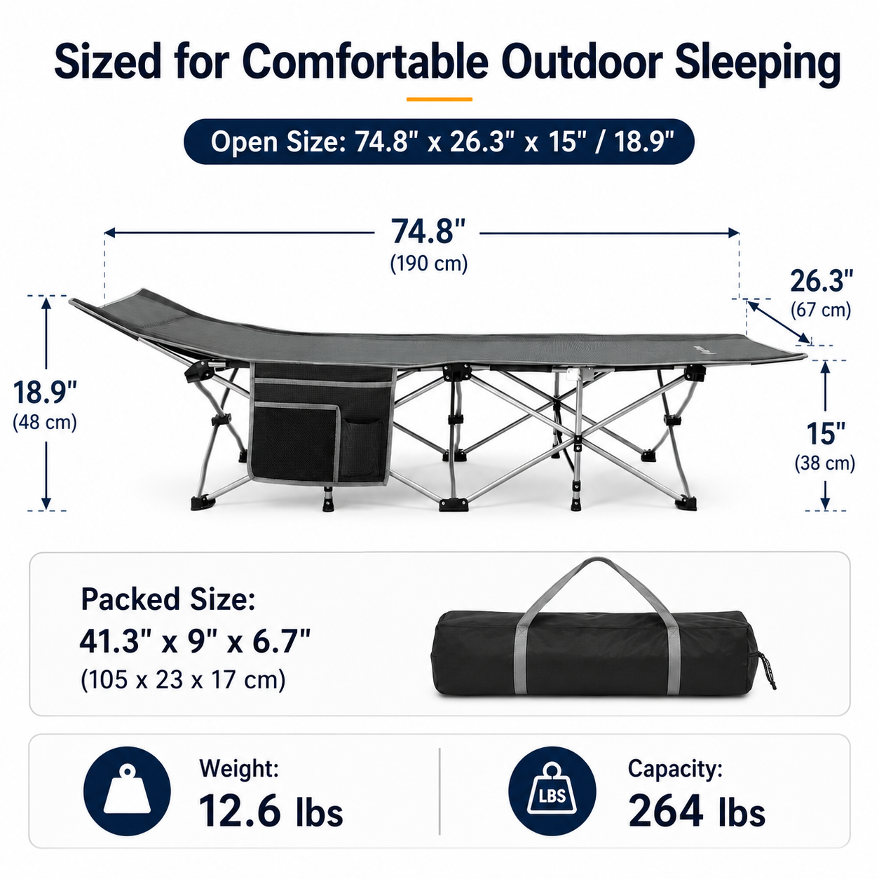 KingCamp Ravon C10 Camping Cot | Quick-Folding 10-Leg Cot with Ergonomic Raised Head, 264lb Capacity, Padded Headrest & Side Pocket