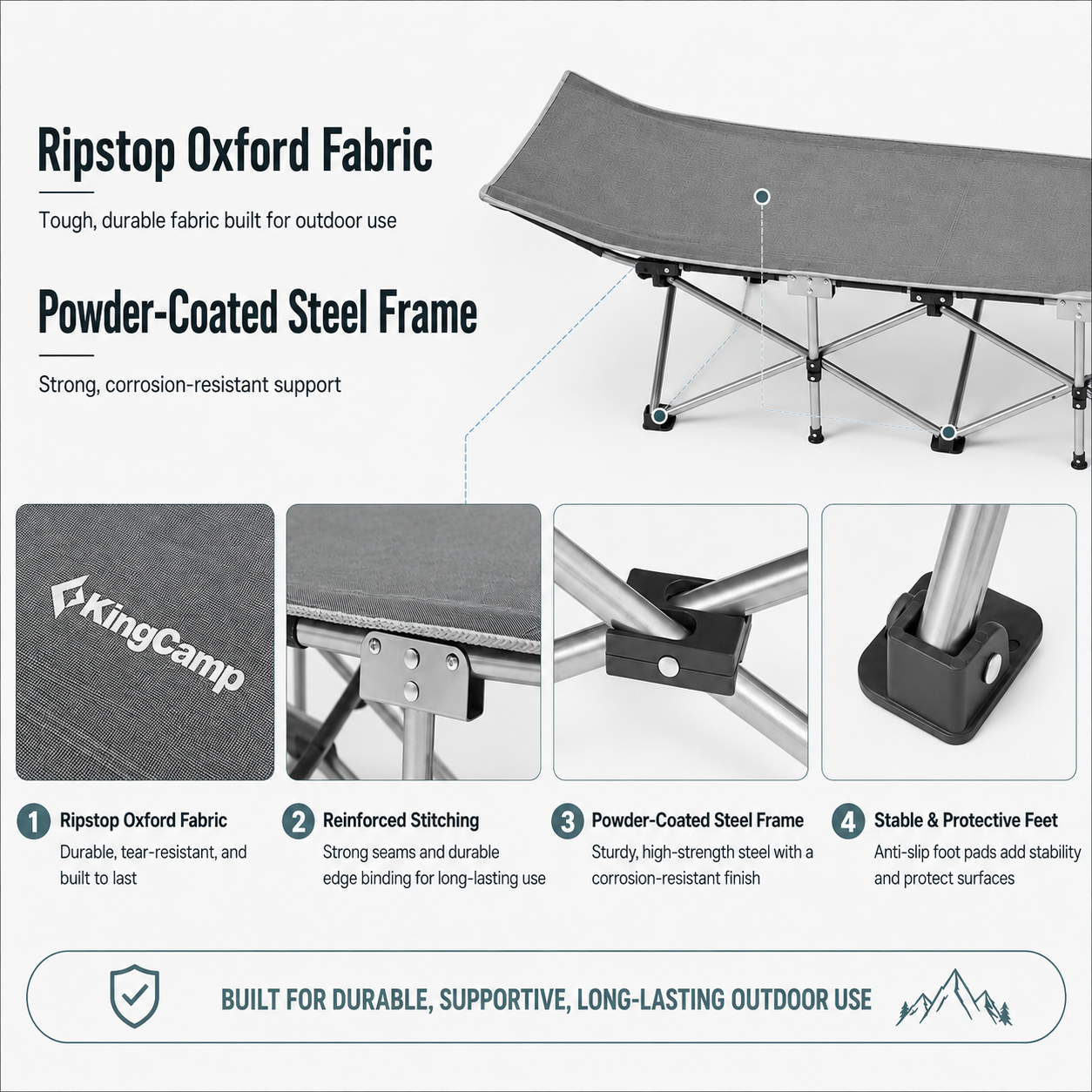 KingCamp Ravon C10 Camping Cot | Quick-Folding 10-Leg Cot with Ergonomic Raised Head, 264lb Capacity, Padded Headrest & Side Pocket