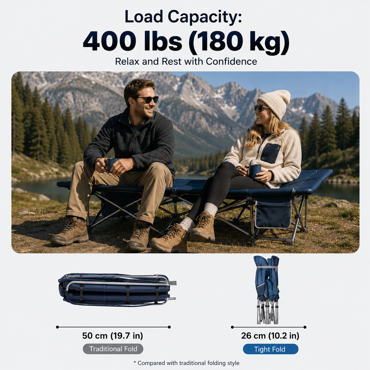 KingCamp Ravon C20 Folding Camping Cot, 400 lbs Heavy Duty Portable Sleeping Bed with Padded Headrest, 10-Leg Steel Frame & Side Pocket