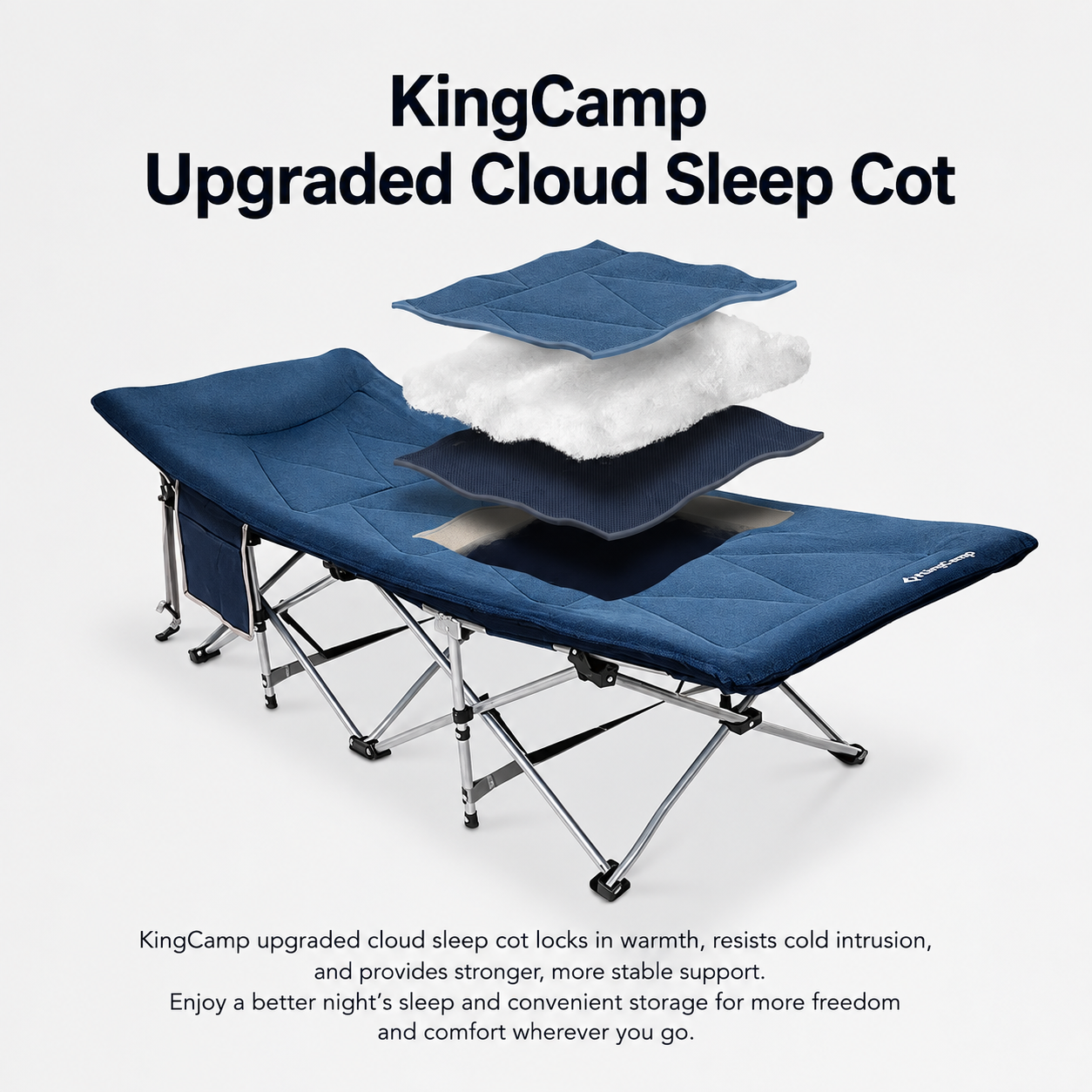 KingCamp Ravon C20 Folding Camping Cot, 400 lbs Heavy Duty Portable Sleeping Bed with Padded Headrest, 10-Leg Steel Frame & Side Pocket