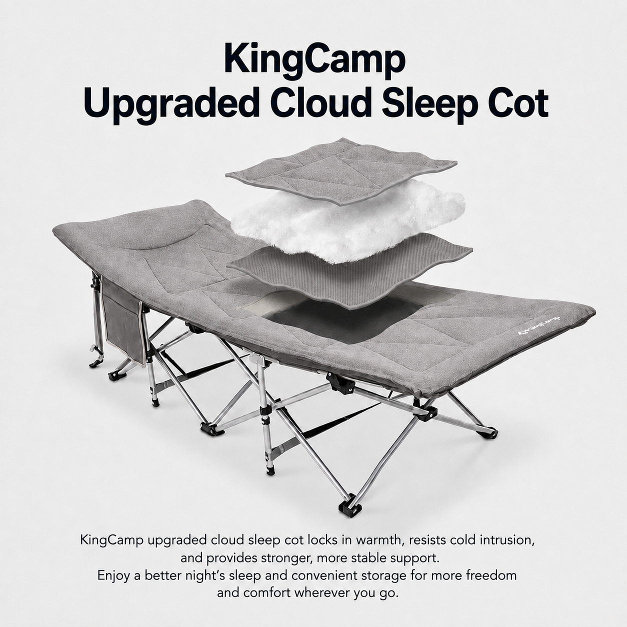 KingCamp Ravon C20 Folding Camping Cot | 10-Leg Stability Cot with Padded Quilted Bed, Ergonomic Raised Headrest, 400lb Capacity, Quick-Fold Design for Camping, Guest & Emergency Use