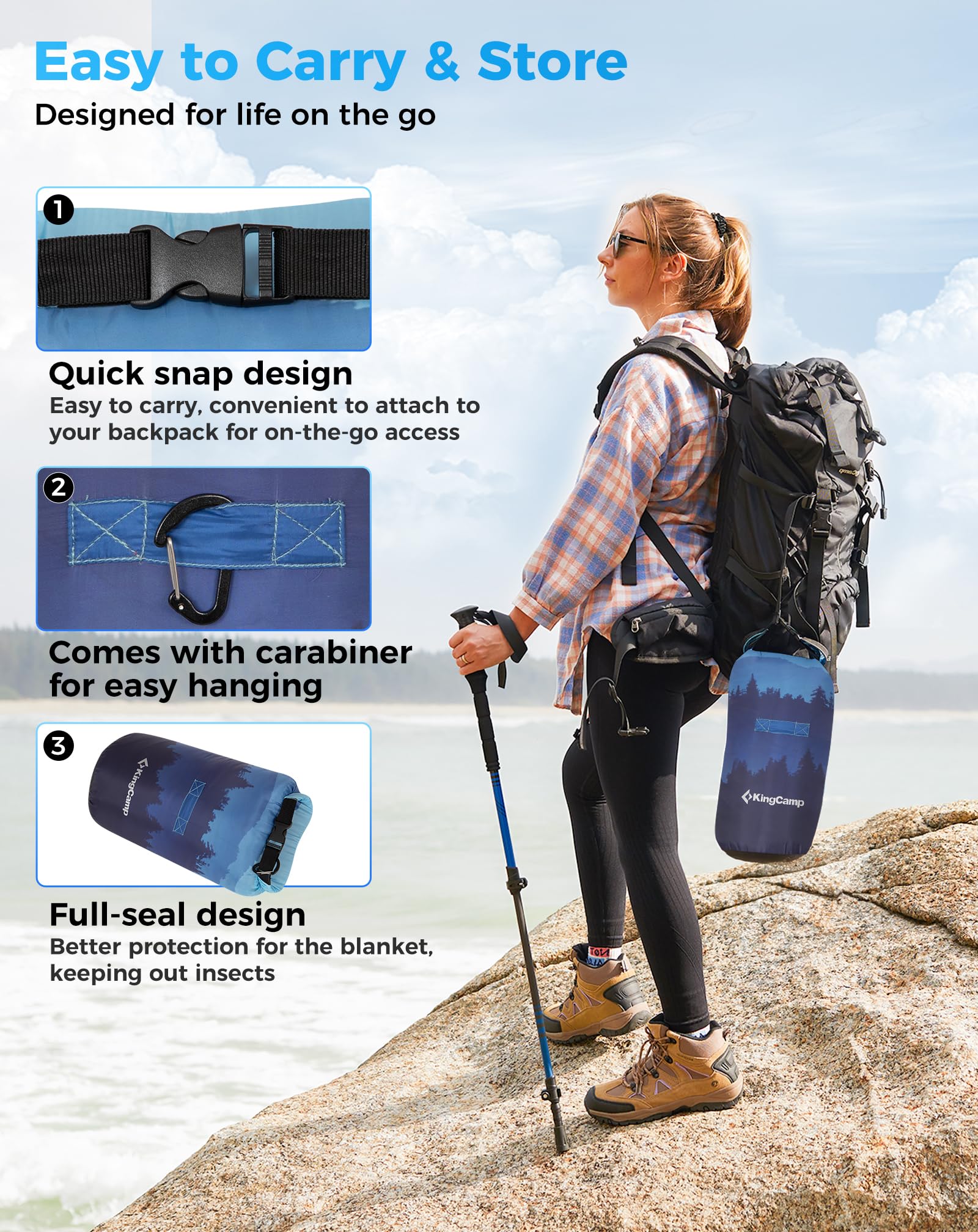 KingCamp SMART 150 XL Ultralight Camping Blanket ¨C Packable, Wearable & Water-Repellent for Outdoor & Stadium Use