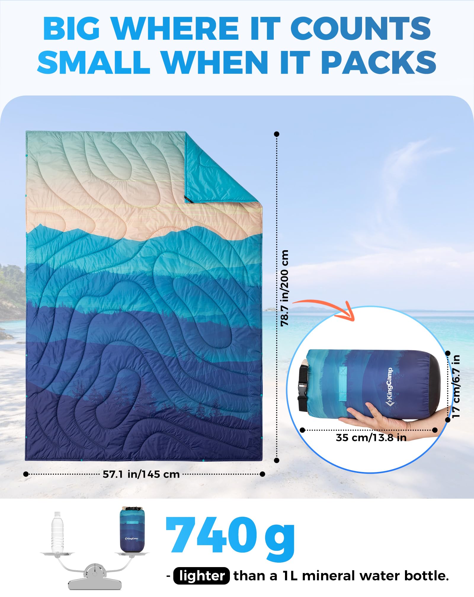 KingCamp SMART 150 XL Ultralight Camping Blanket ¨C Packable, Wearable & Water-Repellent for Outdoor & Stadium Use