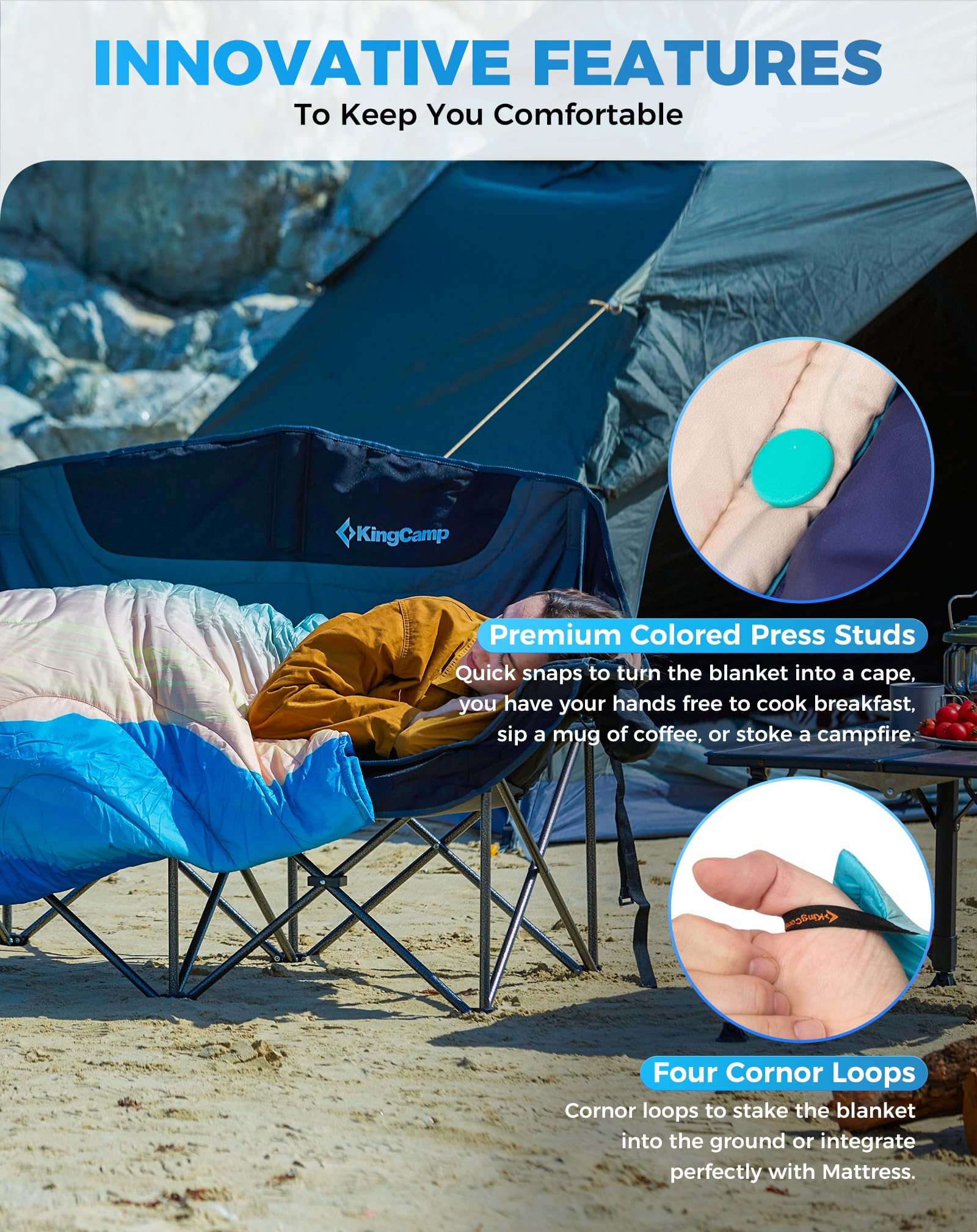 KingCamp SMART 150 XL Ultralight Camping Blanket ¨C Packable, Wearable & Water-Repellent for Outdoor & Stadium Use with four cornor loops