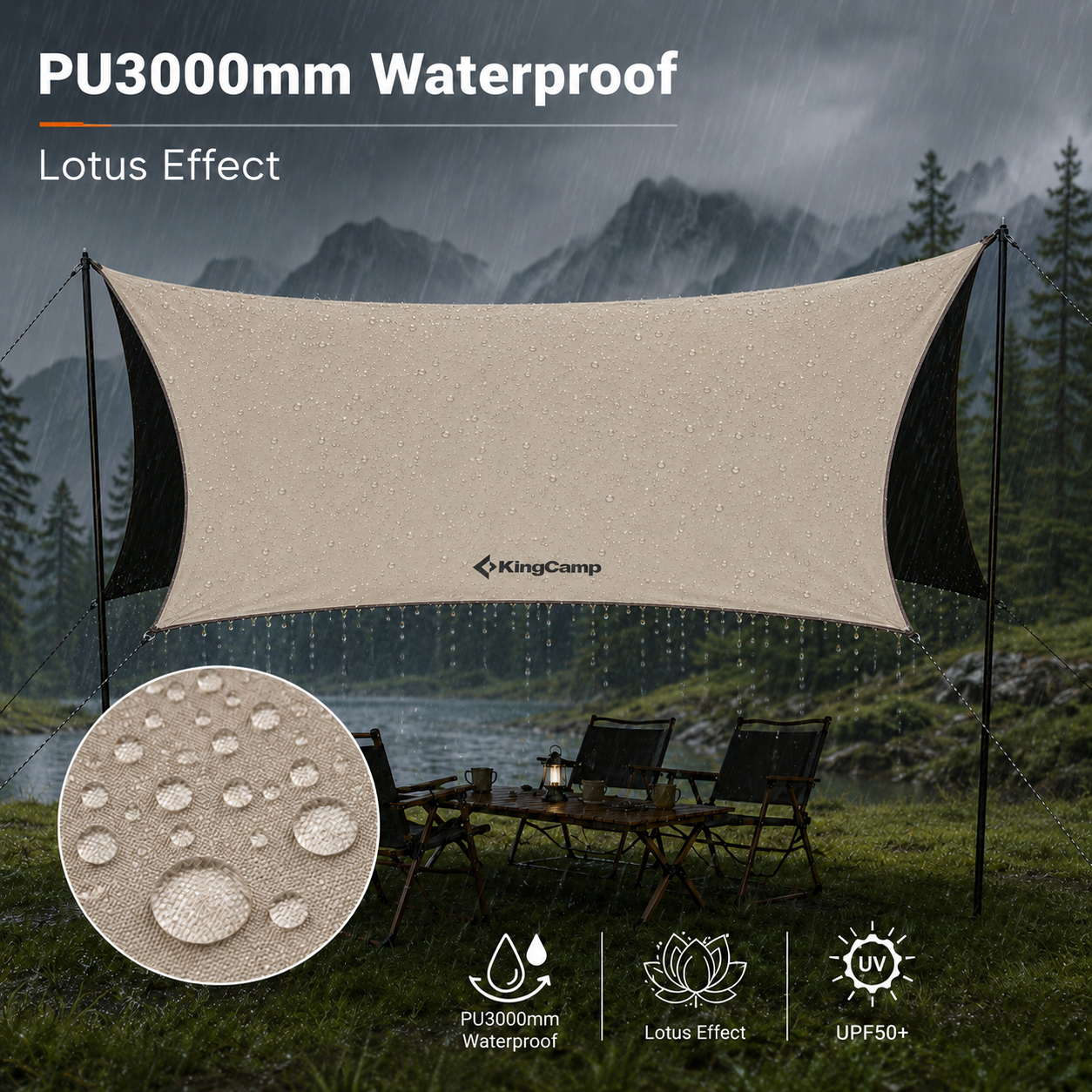KingCamp Shield Hexa Tarp, 14.4 ft Blackout Camping Tarp Shelter with PU3000mm Waterproof 210D Oxford Fabric and UPF50+