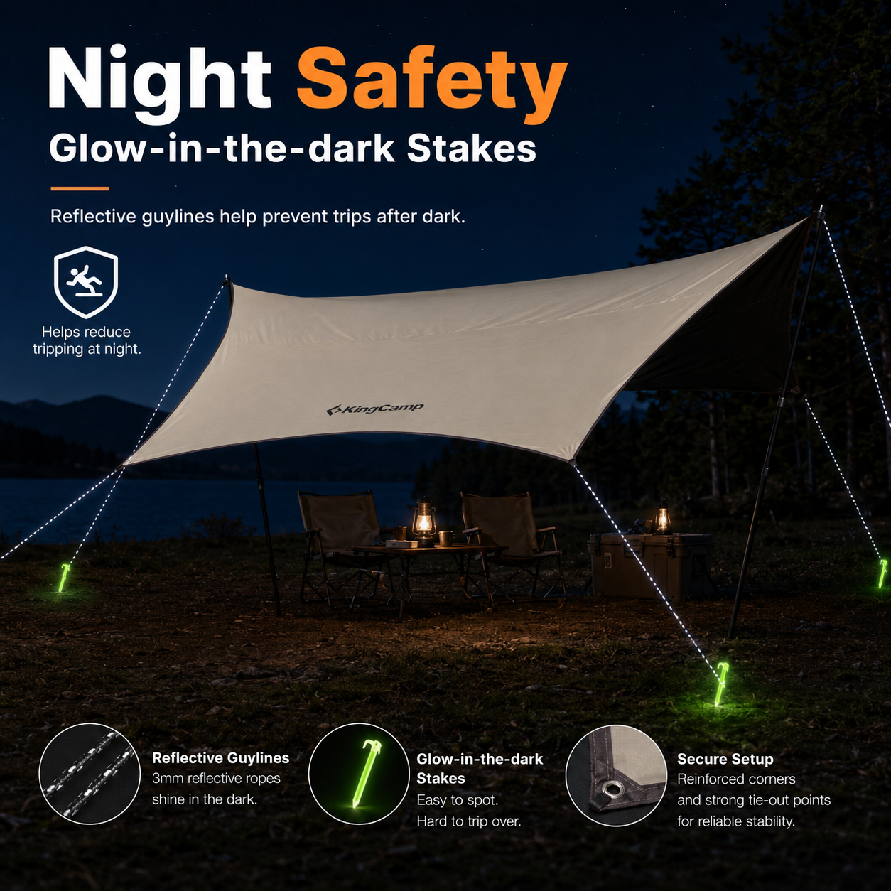 KingCamp Shield Hexa Tarp, Large Camping Sun Shade Canopy for 6â€? People, Waterproof Blackout Tarp with Stakes, Guy Lines & Carry Bag