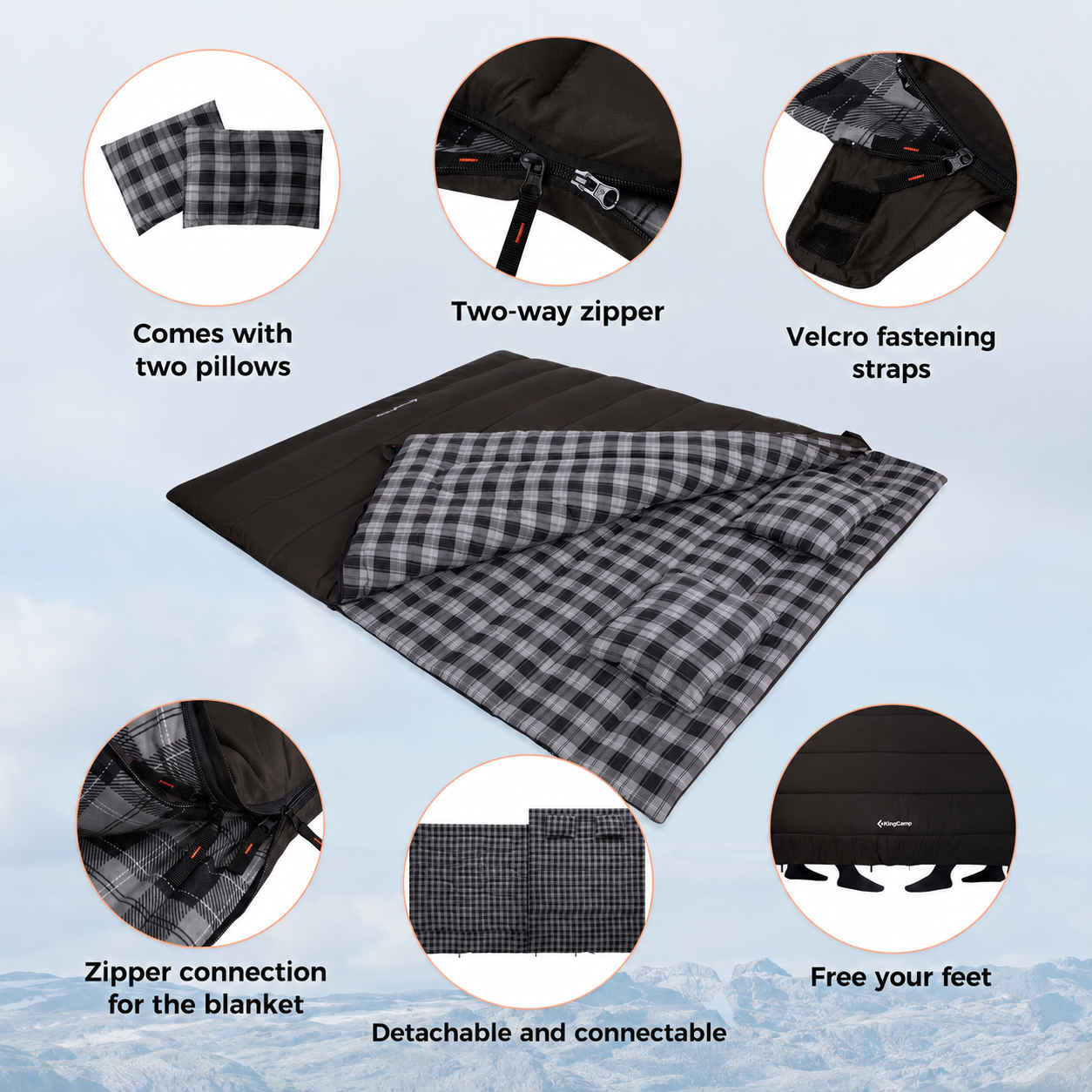 KingCamp Trippy C 450D 3-in-1 Double Sleeping Bag, 32°F Comfort Flannel-Lined 2-Person Camping Bag with Blanket & 2 Pillows