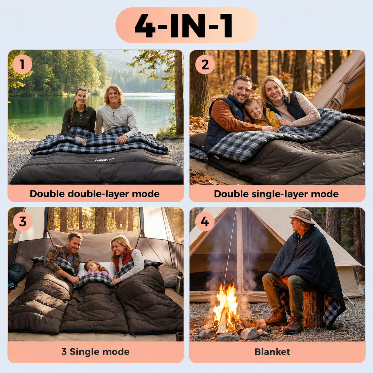 KingCamp Trippy C 450D 3-in-1 Double Sleeping Bag, 32°F Comfort Flannel-Lined 2-Person Camping Bag with Blanket & 2 Pillows