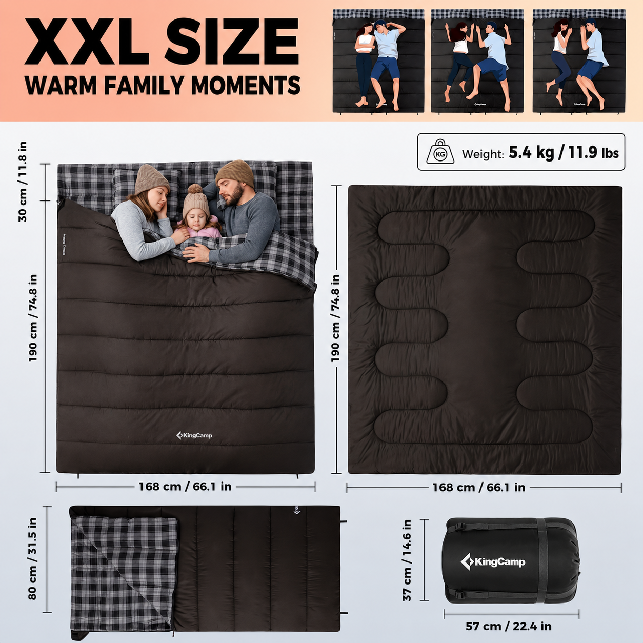 KingCamp Trippy C 450D 3-in-1 Double Sleeping Bag, 32°F Comfort Flannel-Lined 2-Person Camping Bag with Blanket & 2 Pillows