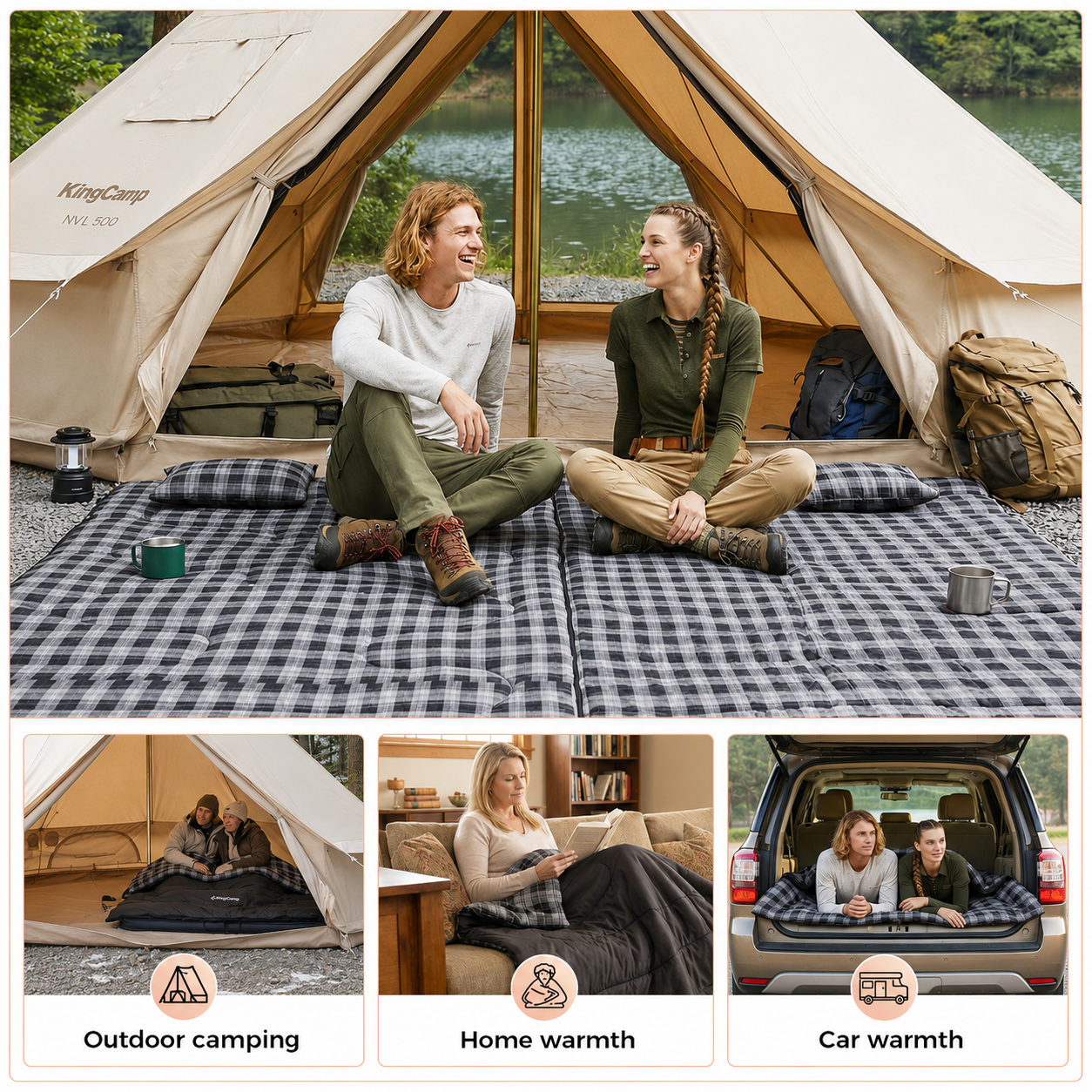 KingCamp Trippy C 450D 3-in-1 Double Sleeping Bag, 32°F Comfort Flannel-Lined 2-Person Camping Bag with Blanket & 2 Pillows
