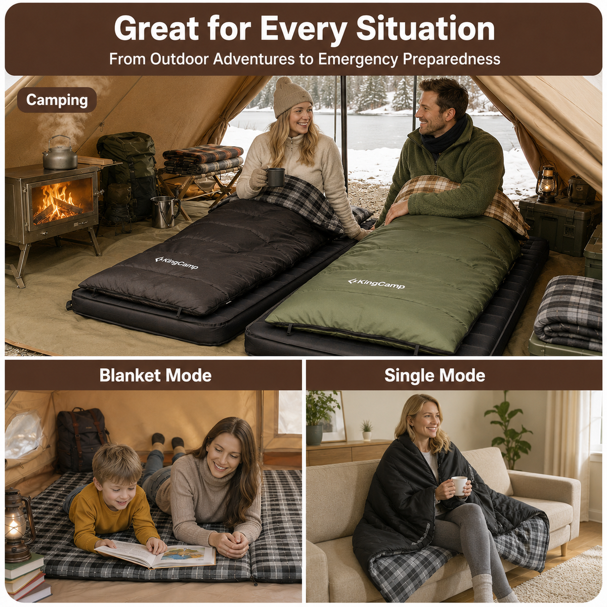KingCamp Trippy C Flannel Sleeping Bag with Pillow, 75" x 33.5" Wide Rectangular Camping Sleeping Bag, Water-Resistant Convertible Blanket 250g/m2