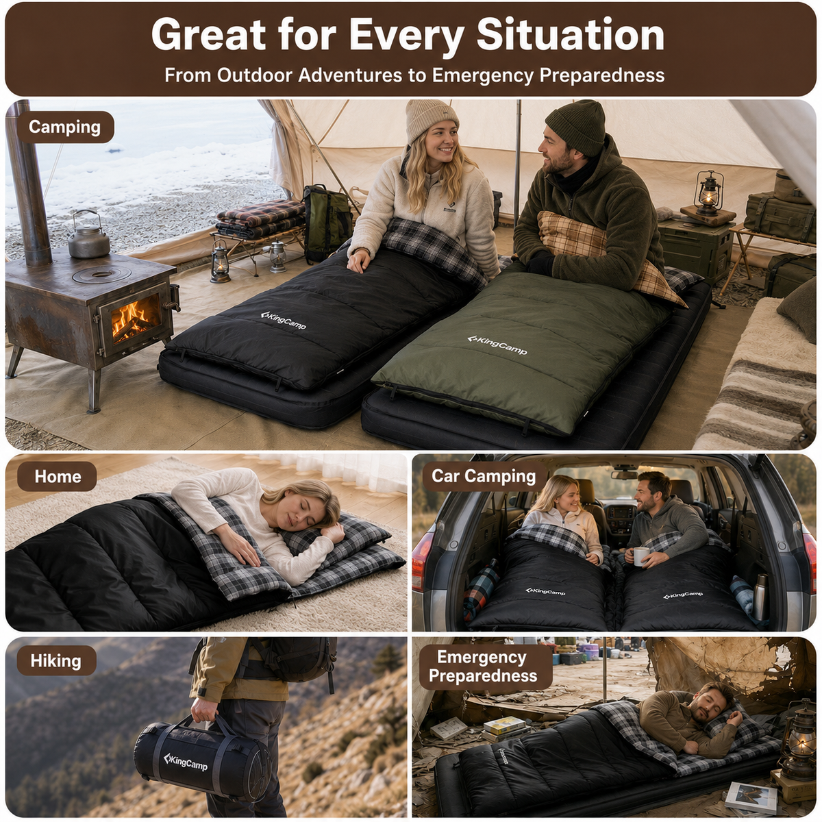 KingCamp Trippy C Flannel Sleeping Bag with Pillow, 75" x 33.5" Wide Rectangular Camping Sleeping Bag, Water-Resistant Convertible Blanket 420g/m2