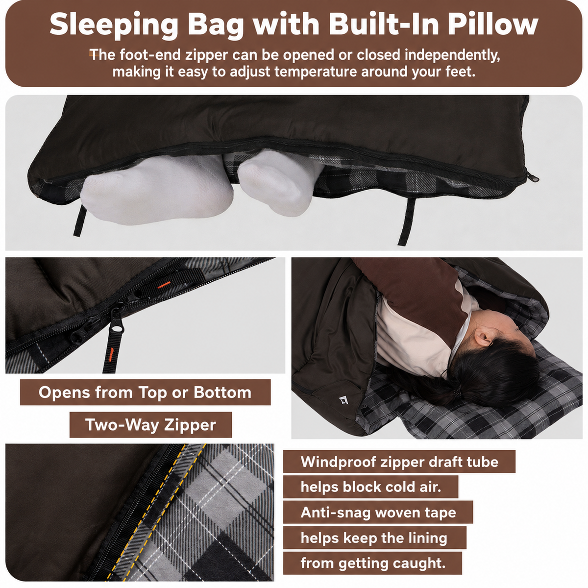 KingCamp Trippy C Flannel Sleeping Bag with Pillow, 75" x 33.5" Wide Rectangular Camping Sleeping Bag, Water-Resistant Convertible Blanket 420g/m2