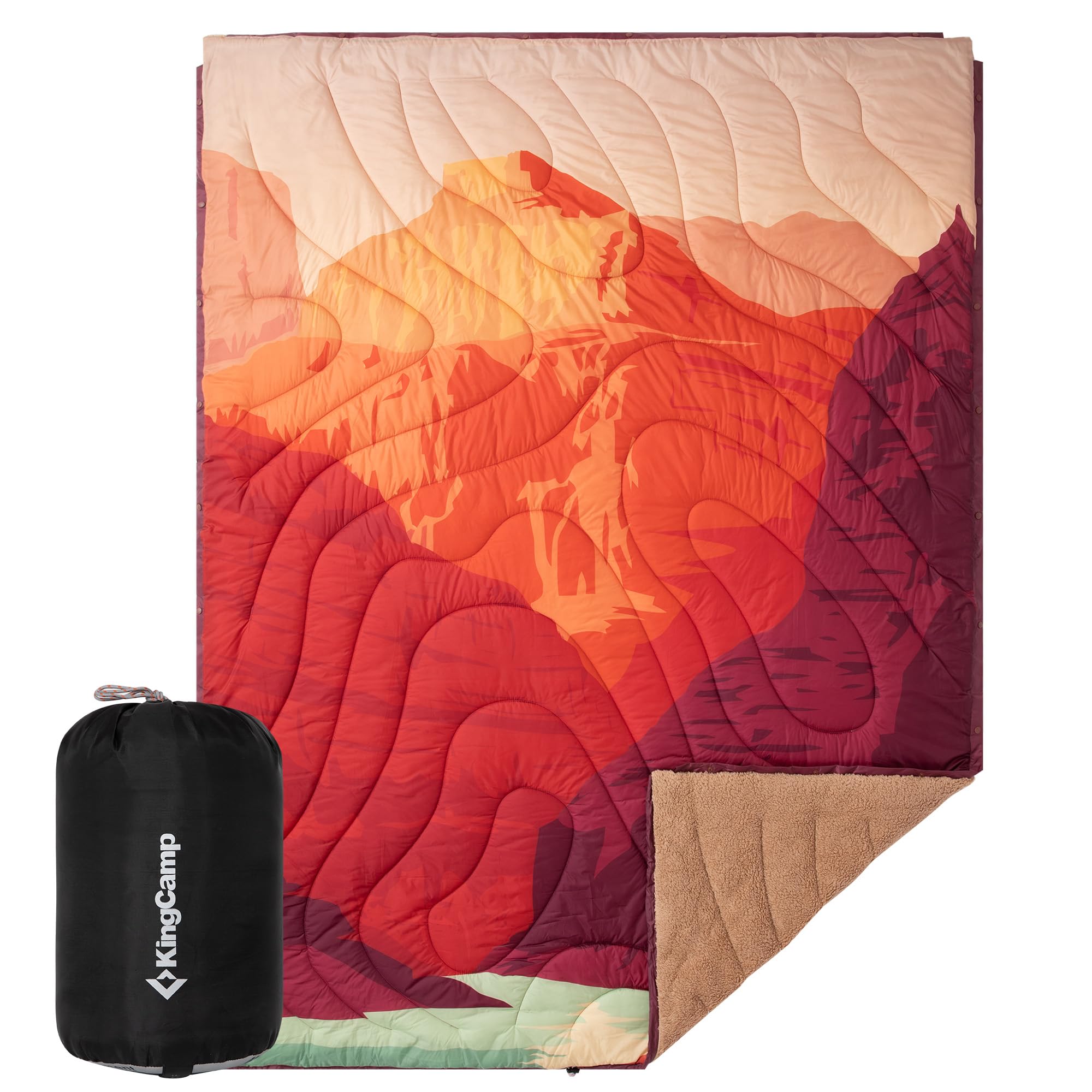KingCamp Ultralight Camping Blanket, Packable Down Alternative Puffy Printed Wearable Blanket with Snap Buttons & Corner Loops Weatherproof Quilt for Outdoor Travel Stadium