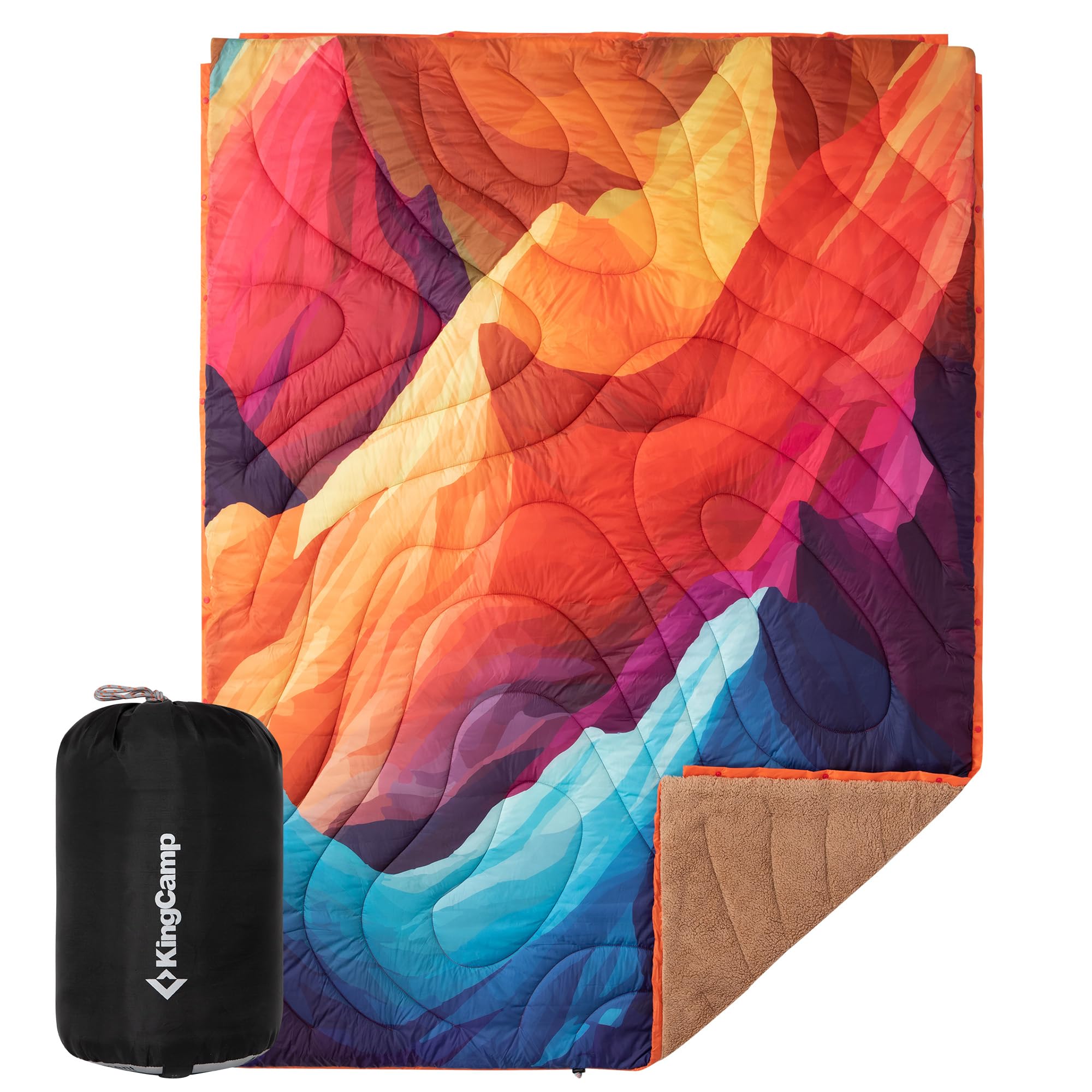 KingCamp Ultralight Camping Blanket, Packable Down Alternative Puffy Printed Wearable Blanket with Snap Buttons & Corner Loops Weatherproof Quilt for Outdoor Travel Stadium