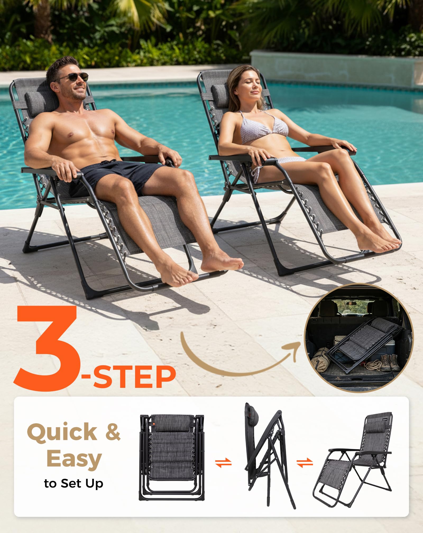 KingCamp Zero Gravity Chair, Adjustable Reclining Outdoor Lounge Chair Quick & Easy to Set Up