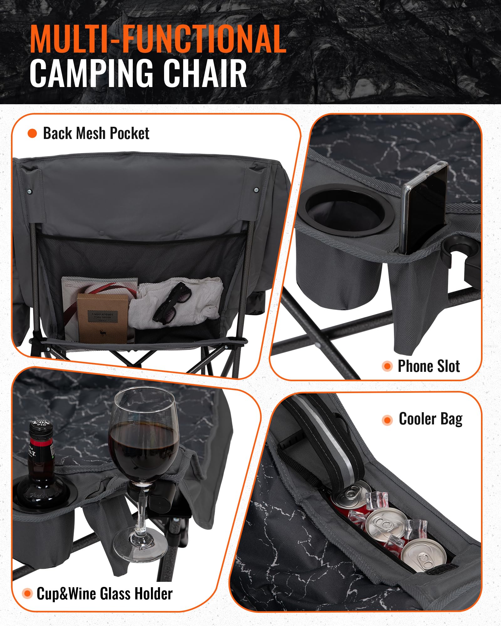 KingCamp CANNA C10 PLUS Oversized Padded Camping Chair Lava Grey with Back Mesh Pocket and Cooler Bag