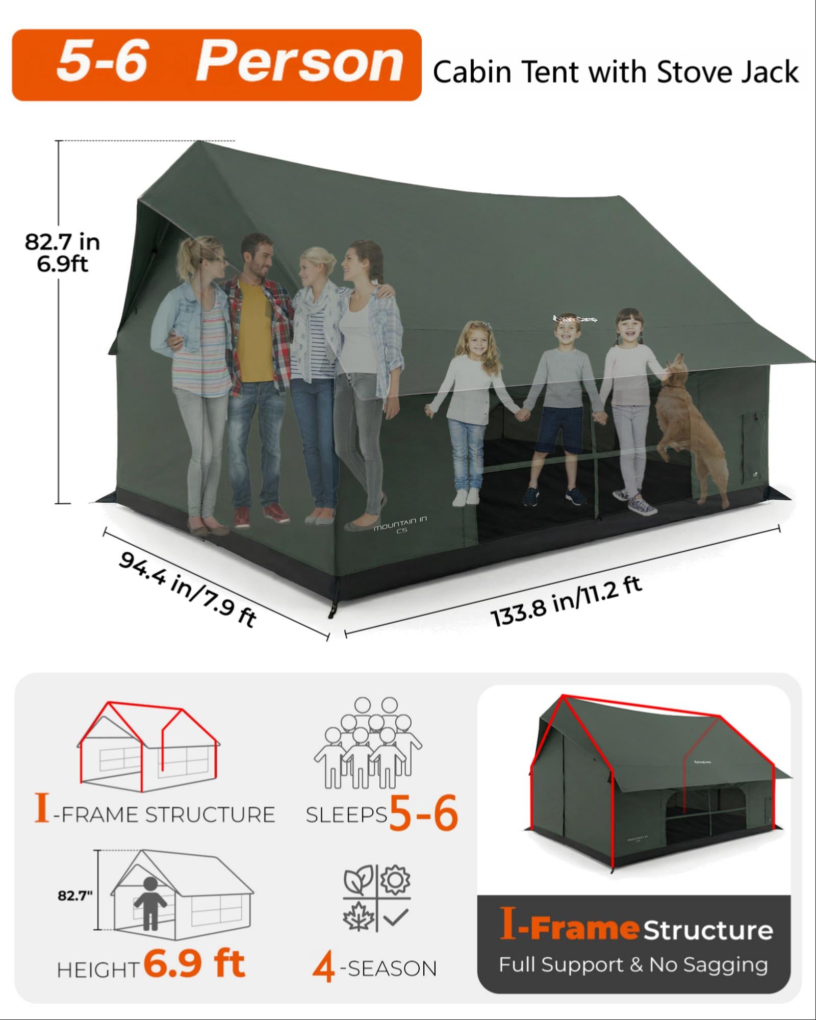 MOUNTAIN IN C5 Canvas Hot Tent | 5-6 Person Cabin Tent with Stove Jack