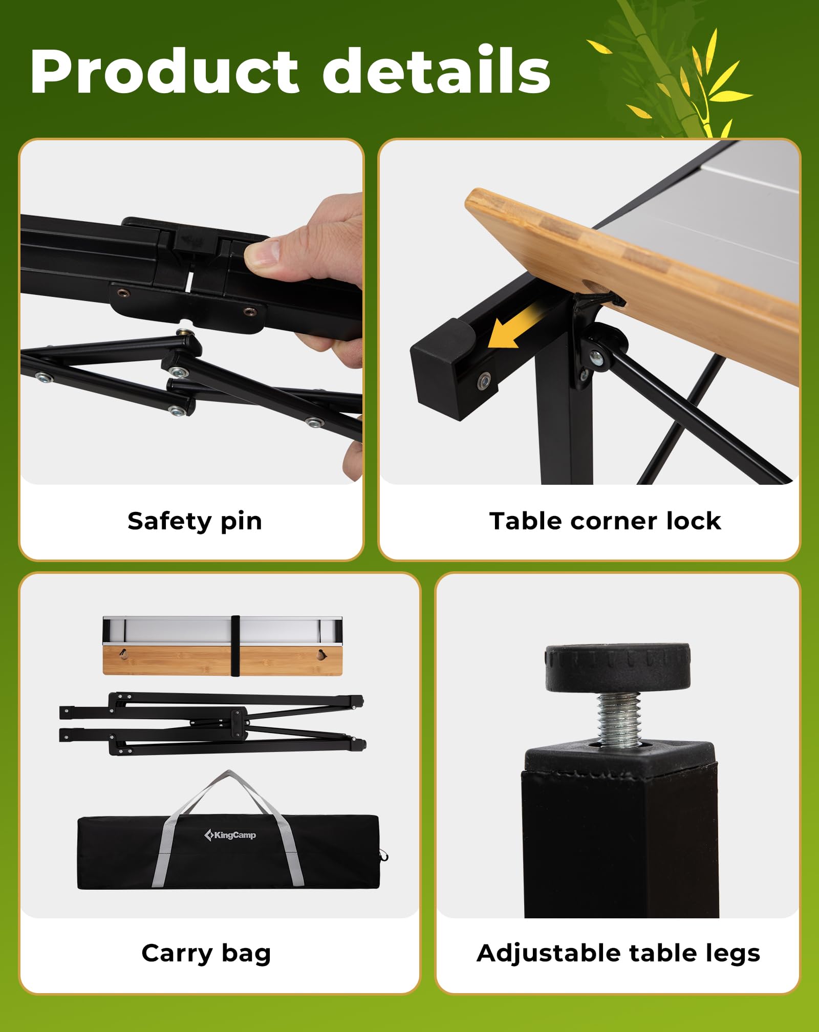 KingCamp BamAura Folding Roll-Top Aluminum Table with Bamboo Extensions