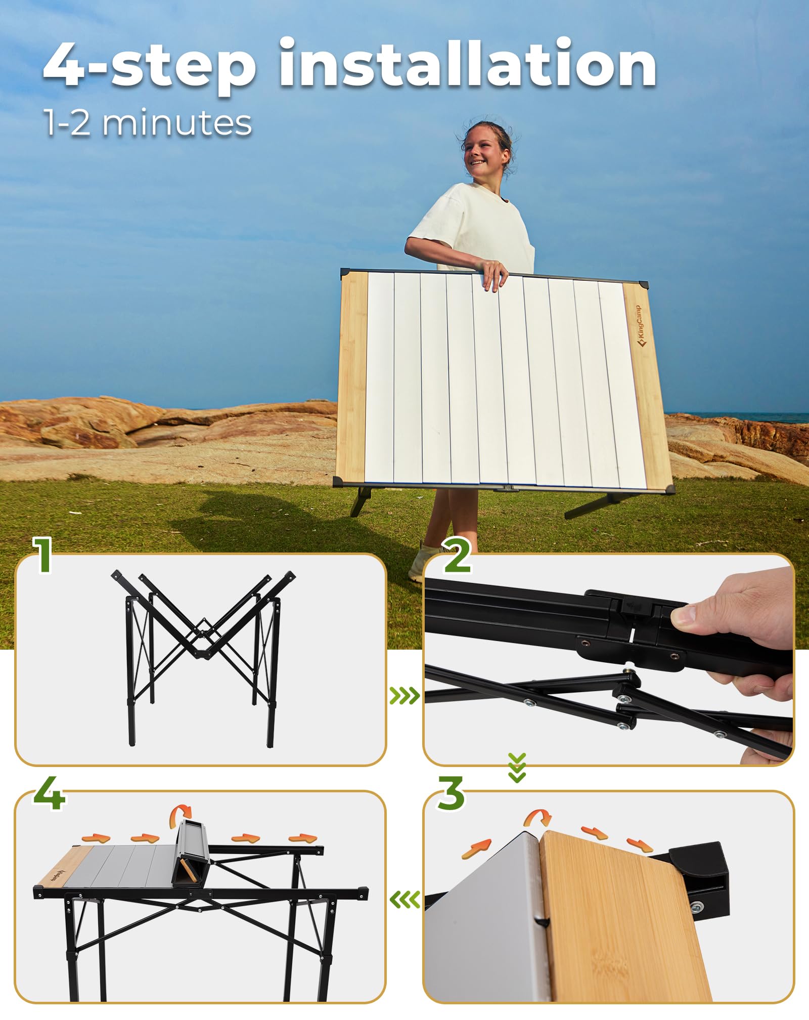 KingCamp BamAura Folding Roll-Top Aluminum Table with Bamboo Extensions